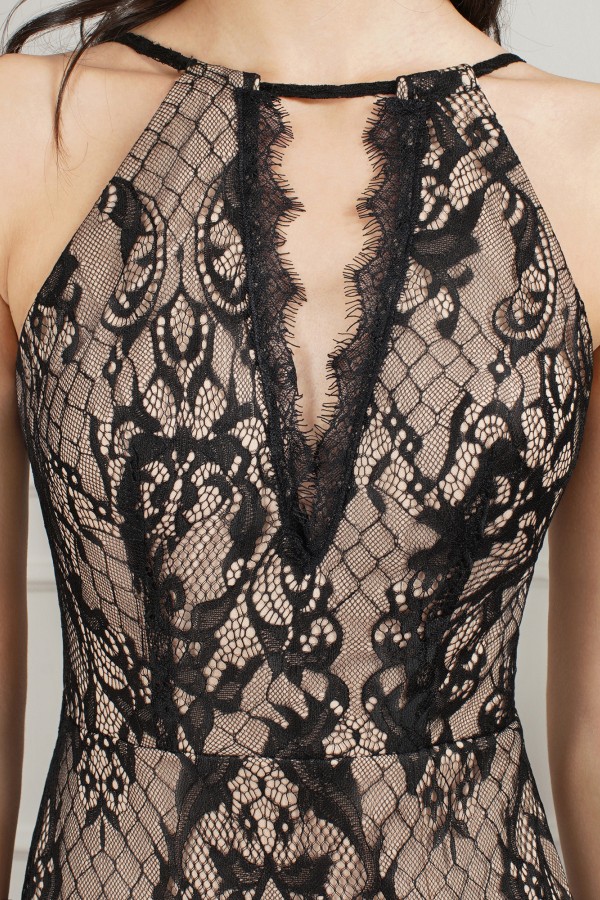 Sleeveless Mermaid Long Party Dress Black Floral Lace Appliques Side Slit Evening Dress-newarrivaldress