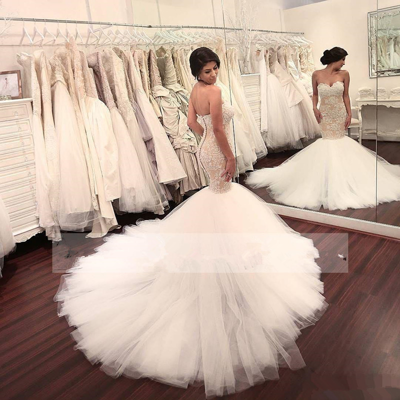 Tulle Sleeveless Elegant New Arrival Mermaid Sweetheart Beautiful Lace Appliques Wedding Dresses-newarrivaldress