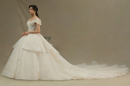 Off Shoulder Aline White Princess Bridal Gown Floor Length Lace Wedding Dress