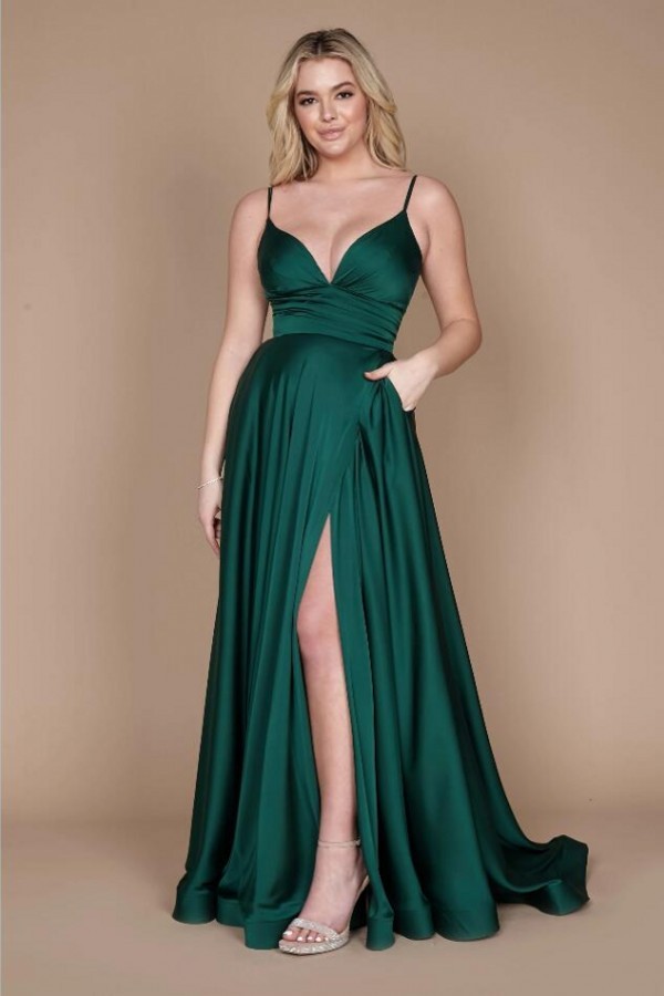 Sexy Sleeveless Side Slit Long Evening Dress Spaghetti Straps Satin Prom Dress with Pockets-newarrivaldress