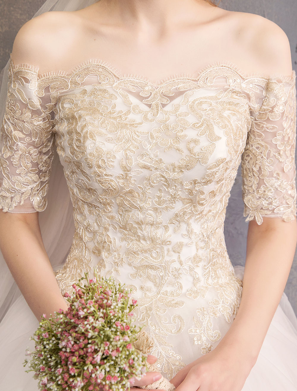Tulle Wedding Dress Off The Shoulder Half Sleeve Princess Bridal Gown-newarrivaldress