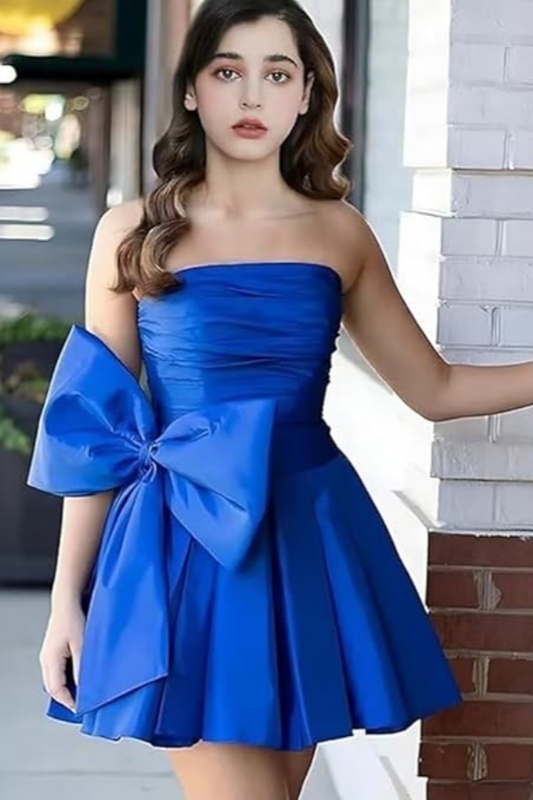 Simple Strapless Ruffle Satin Short Homecoming Dress Sleeveless Mini Party Dress with Bow-newarrivaldress