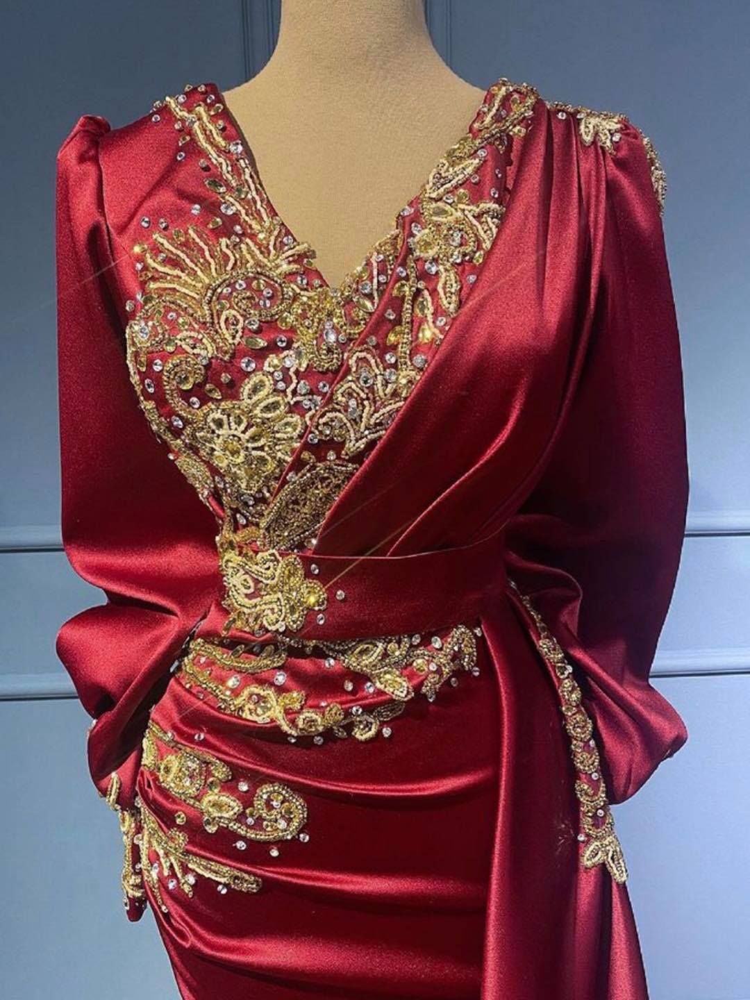 Stylish Long Mermaid V-neck Satin Beads Floor length Prom Dress with Sleeves Gold Appliques-newarrivaldress