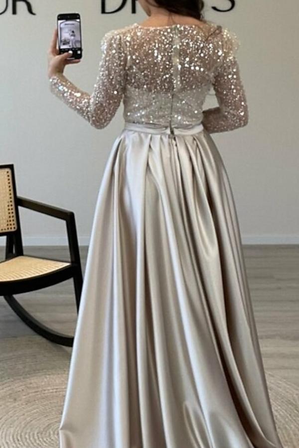 Gorgeous Long Sleeves Satin Mermaid Prom Dress Jewel Neck Glitter Sequins Evening Dress with Train-newarrivaldress