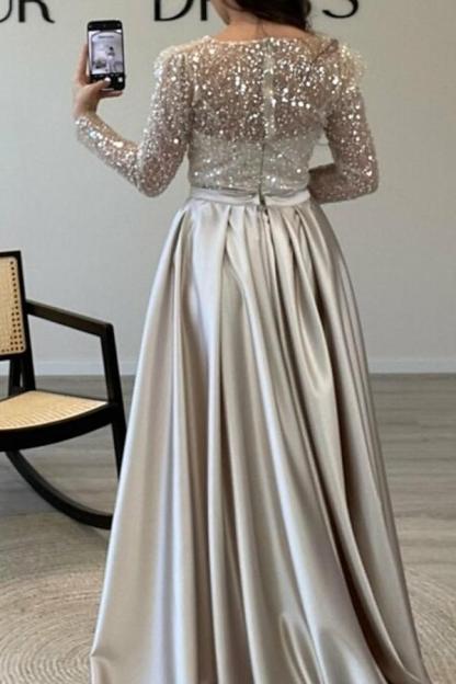 Gorgeous Long Sleeves Satin Mermaid Prom Dress Jewel Neck Glitter Sequins Evening Dress with Train-newarrivaldress