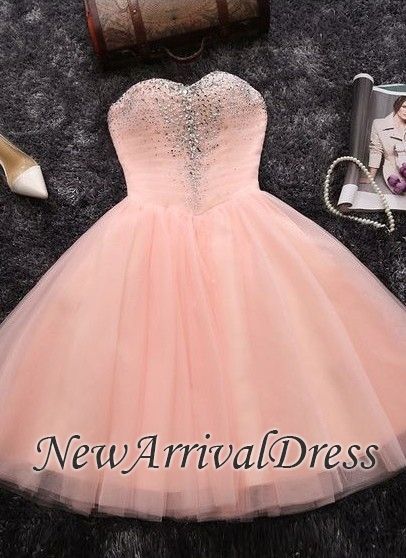 Pink Sweetheart Neck Crystals Custom Made A-line Elegant Sexy Short Homecoming Dresses-newarrivaldress