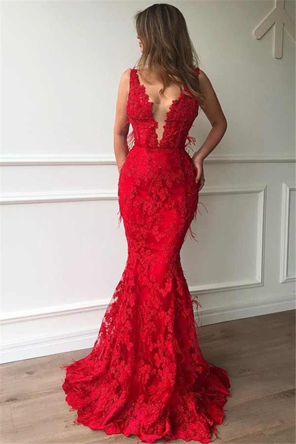 Sexy Red Mermaid Sleeveless Lace Appliques Evenging Dresses-newarrivaldress