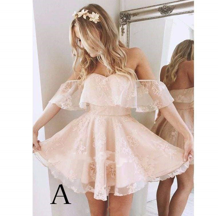 A-Line Lace Off-Shoulder Short Prom Dresses Pearl Pink Homecoming Dress-newarrivaldress
