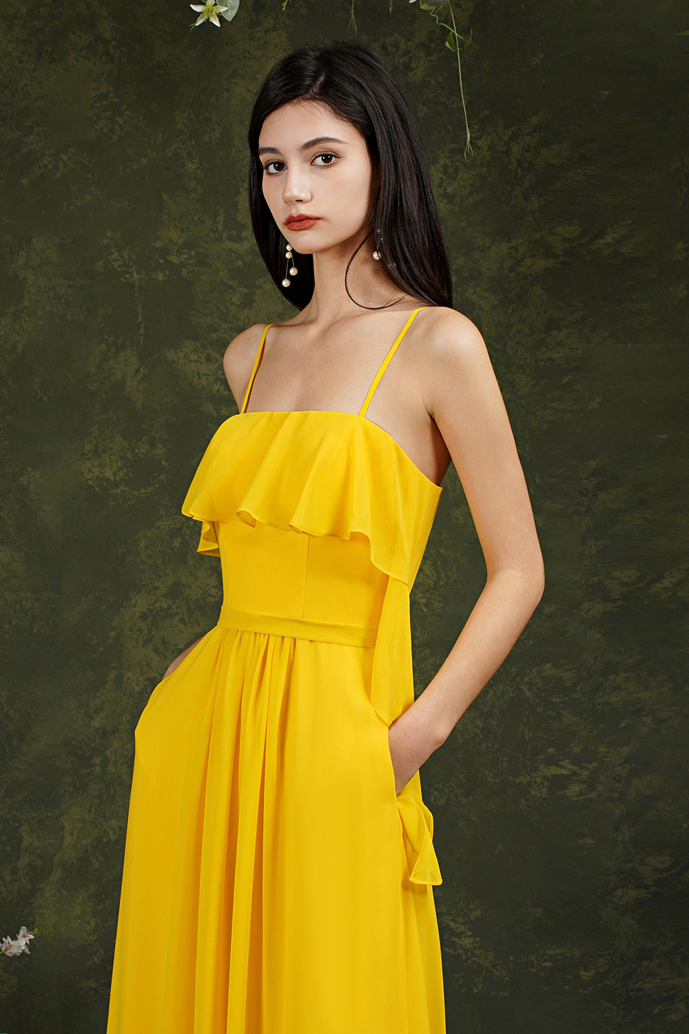 Yellow Ruffles Sleeveless Floor-Length Dress for Wedding Guests-newarrivaldress