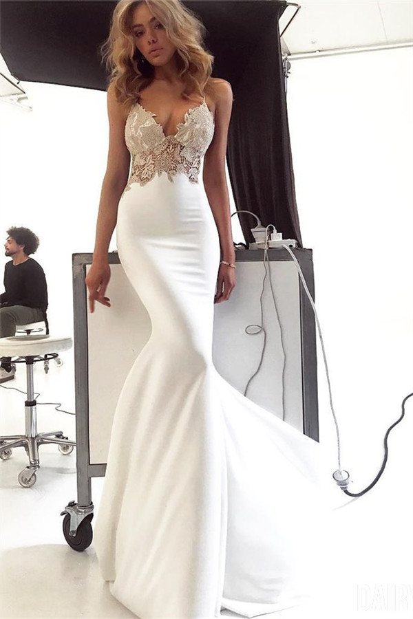 New Arrival Spaghetti Straps Open Back Appliques Sexy Mermaid Wedding Dresses-newarrivaldress