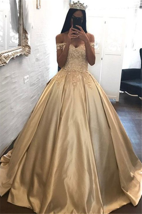 Off The Shoulder Champagne Gold Ball Gowns Formal Dress Appliques Quinceanera Dresses FB0212-newarrivaldress