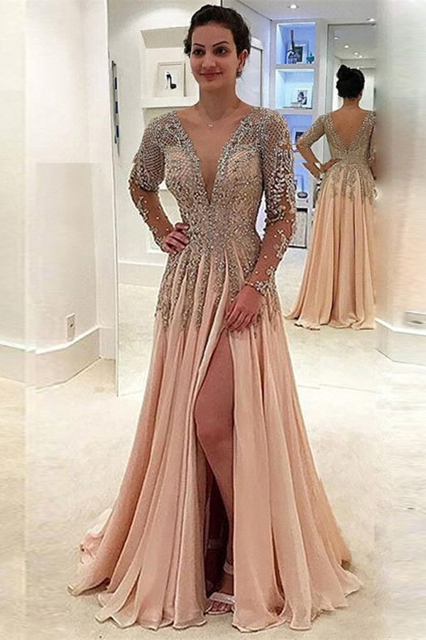 Long Sleeves Front Slit Evening Dresses Aline V-Neck Crystals Chiffon Floor Length Dress for Party-newarrivaldress
