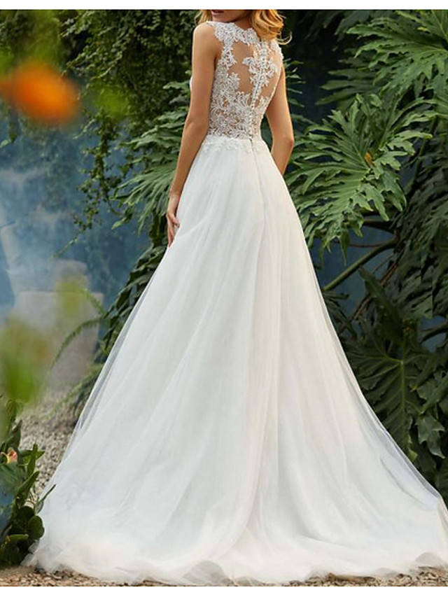 Sleeveless Wedding Dress Floral Lace Aline Tulle Bridal Dress-newarrivaldress