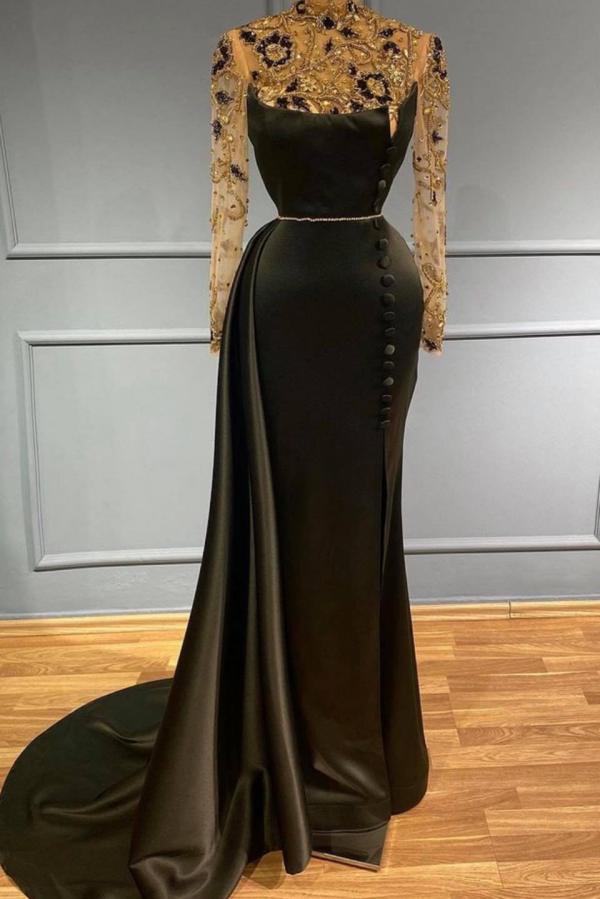 Black Long Sleeves Mermaid Prom Dress Shiny Gold Rhinestones Beads with Sweep Trumpt Train-newarrivaldress