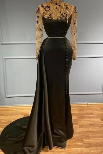 Black Long Sleeves Mermaid Prom Dress Shiny Gold Rhinestones Beads with Sweep Trumpt Train-newarrivaldress