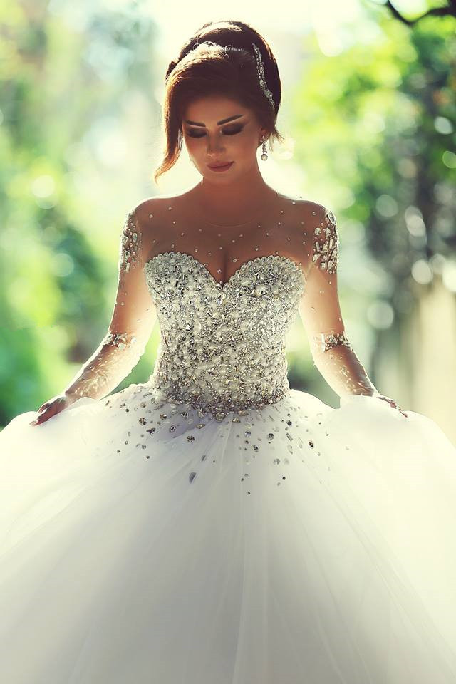 Sweetheart Crystalss Ball Gown Wedding Dress See Through Long Sleeve -up Princess Chapel Train Wedding Gowns-newarrivaldress