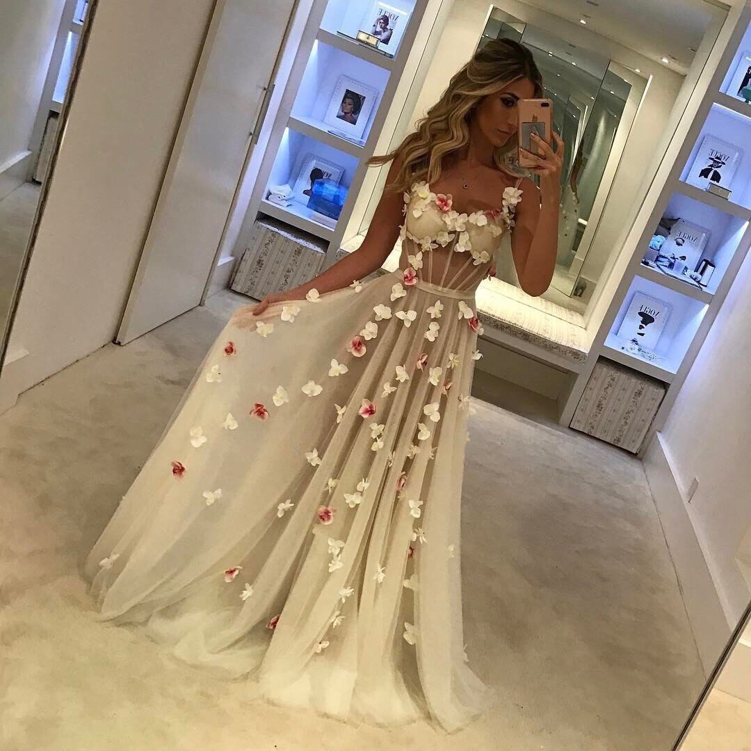 Open Back Flowers Long Prom Dresses | Spaghetti Straps Sexy Formal Evening Gowns-newarrivaldress