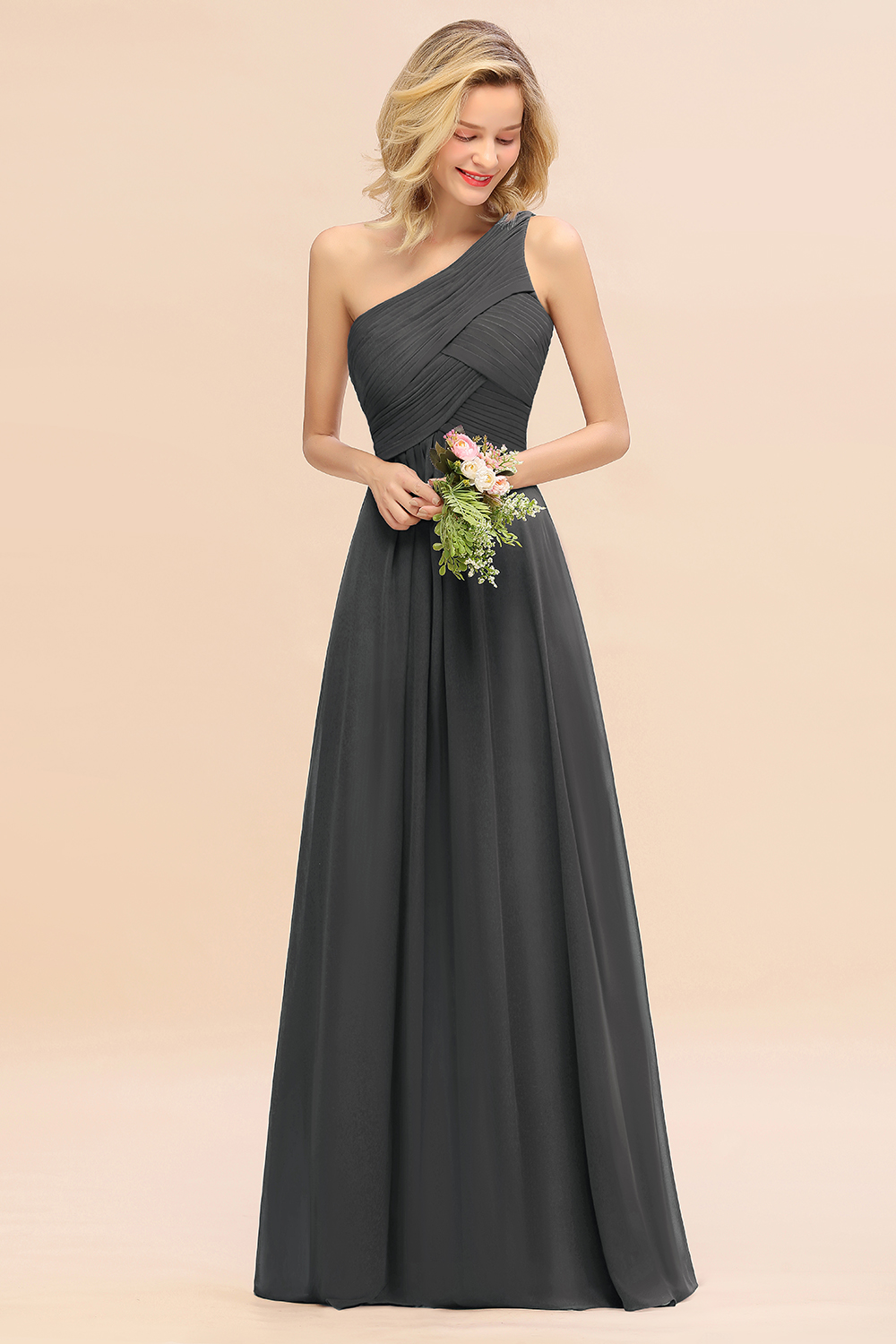 Elegant Ruched Chiffon One Shoulder Bridesmaid Dress Long Sleeveless Evening Dress-newarrivaldress