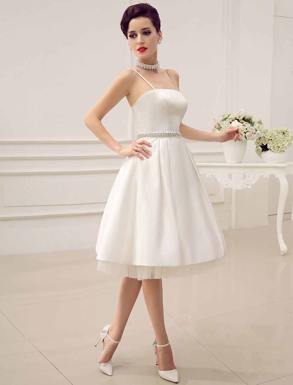 Vintage Spaghetti Straps Backless Satin Short Wedding Dress With Pearls At Waist Exclusive-newarrivaldress
