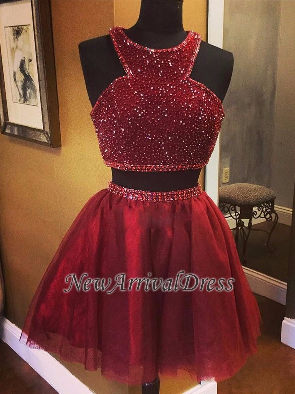Luxury Sleeveless Bead Custom Made A-line Red Two Piece Sexy Short Homecoming Dresses-newarrivaldress