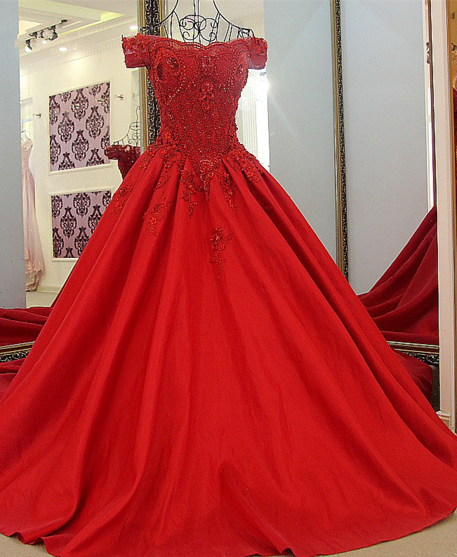 Chic Red A Line Off-the shoulder Beadings Lace-up Batreau Evening Gown-newarrivaldress