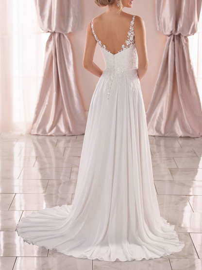 White Simple Wedding Dress A-Line V-Neck Sleeveless Backless Long Lace Bridal Gowns-newarrivaldress