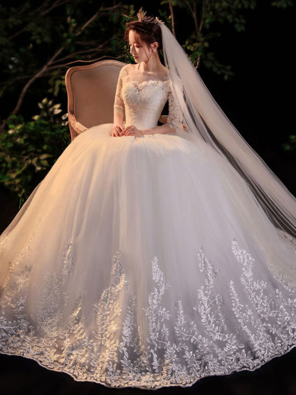 Simple Wedding Dress Eric White Ball Gown Jewel Neck Half Sleeves Applique Long Bridal Dresses-newarrivaldress