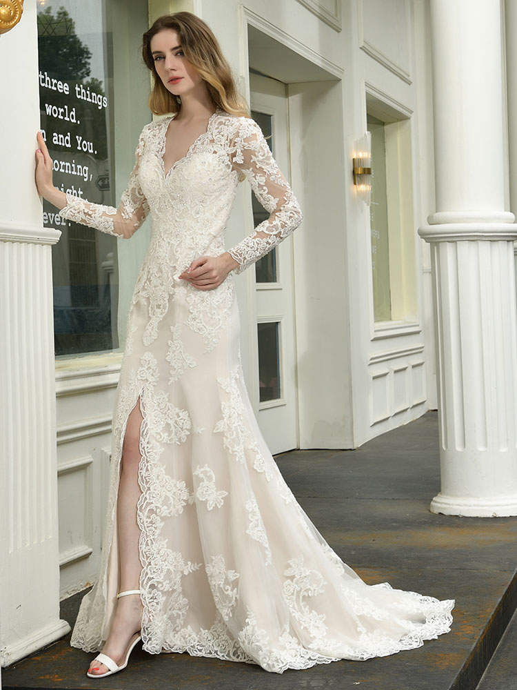 Boho Wedding Dress V Neck Sleeveless Natural Waist Lace Bridal Gowns With Train-newarrivaldress