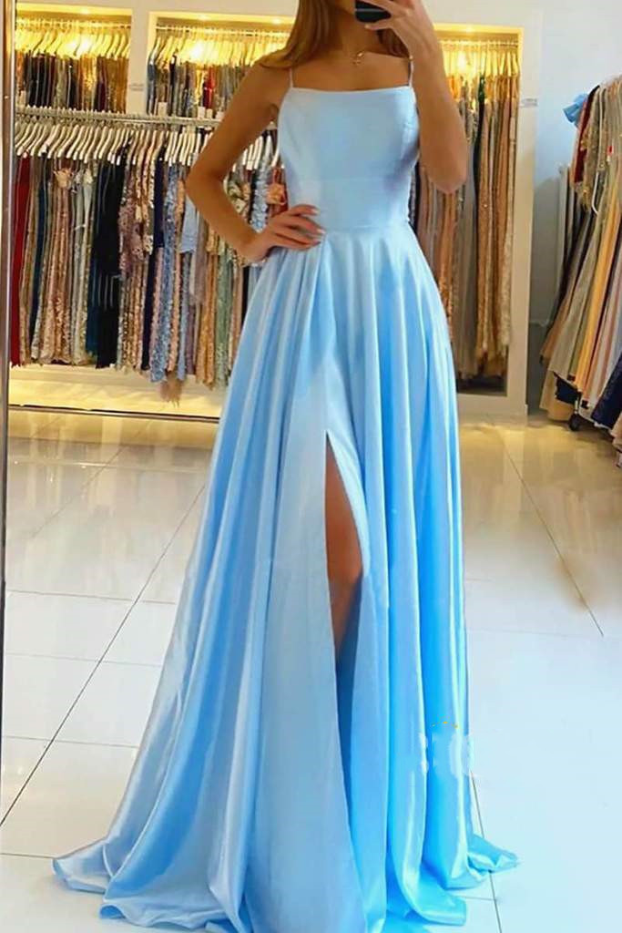 Charming Spaghetti Straps Satin Maxi Evening Dress with Side Slit Sleeveless Gown-newarrivaldress