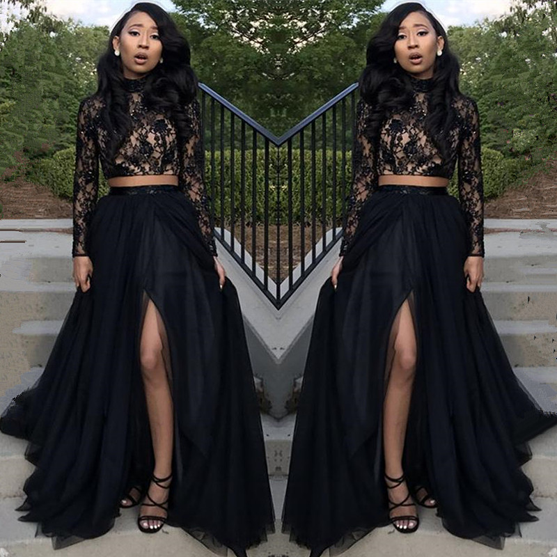 Two Piece Long Sleeve Formal Gowns | Black Long Slit Lace Prom Dress SP0349-newarrivaldress