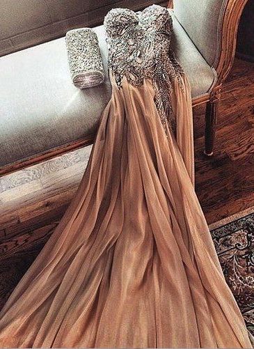 Champagne Chiffon Crystals Long Prom Dresses Spaghettis Straps Sweetheart Side Slit Evening Gowns-newarrivaldress