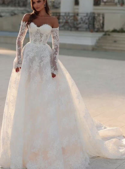Off Shoulder Long Sleeves Aline Wedding Dresses Sweetheart Floral Lace Bridal Dress with Chapel Train