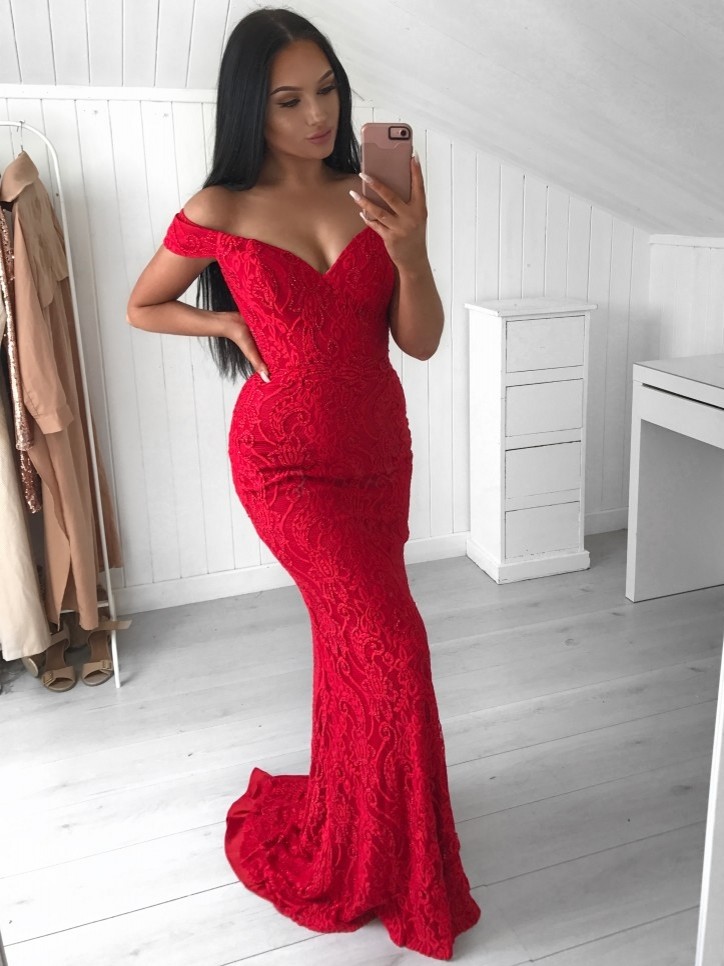 Sexy Mermaid Lace Evening Gowns | Red Off-the-Shoulder Prom Dresses-newarrivaldress