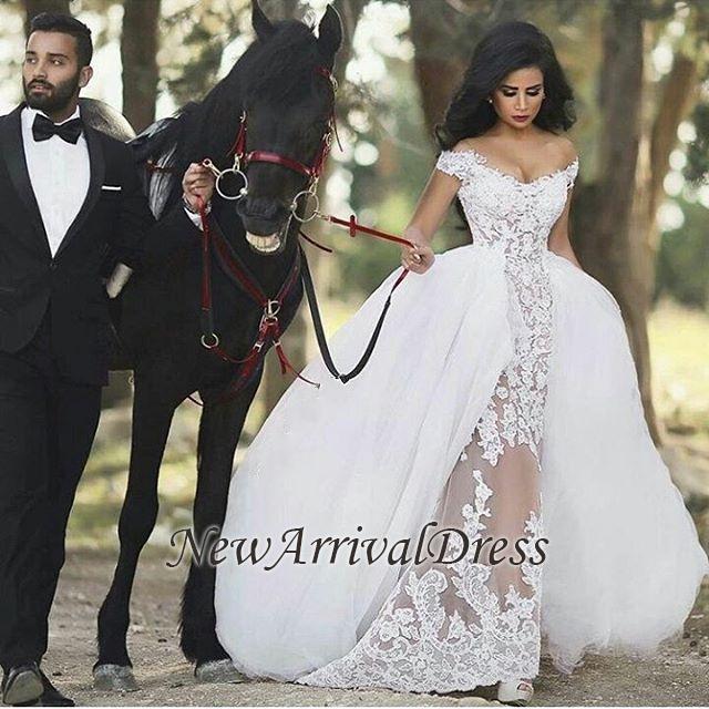 Off The Shoulder Overskirt Lace Gorgeous Detachable Sheer Wedding Dresses-newarrivaldress