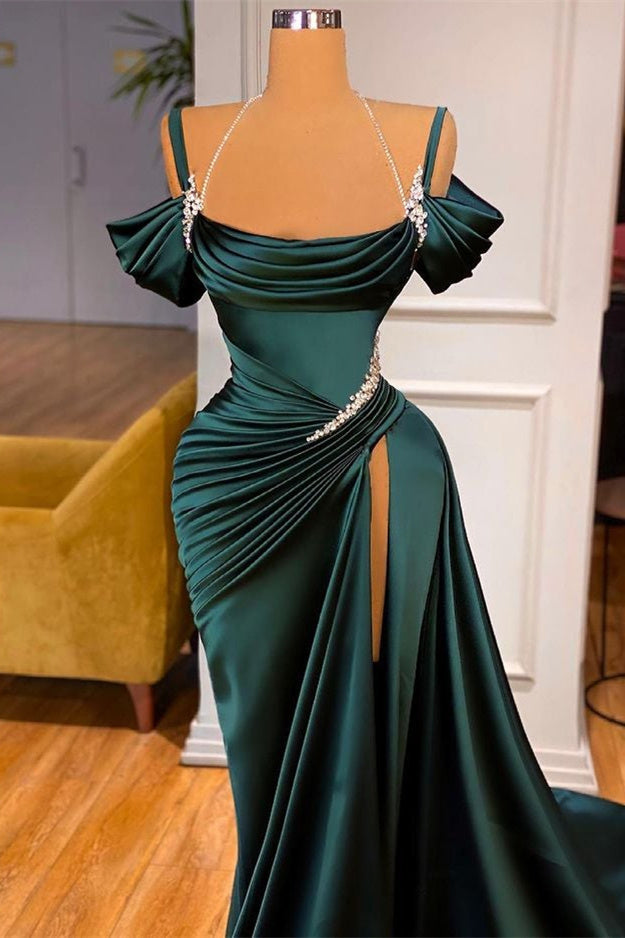 Off Shoulder Ruched Satin Long Evening Party Dress Beadings with Side Split-newarrivaldress