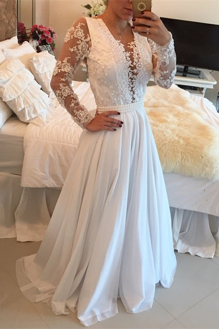 Sheer White A-Line Long Sleeves Prom Dresses Appliques Beaded Party Dress with Buttons BT00 BO7986-newarrivaldress