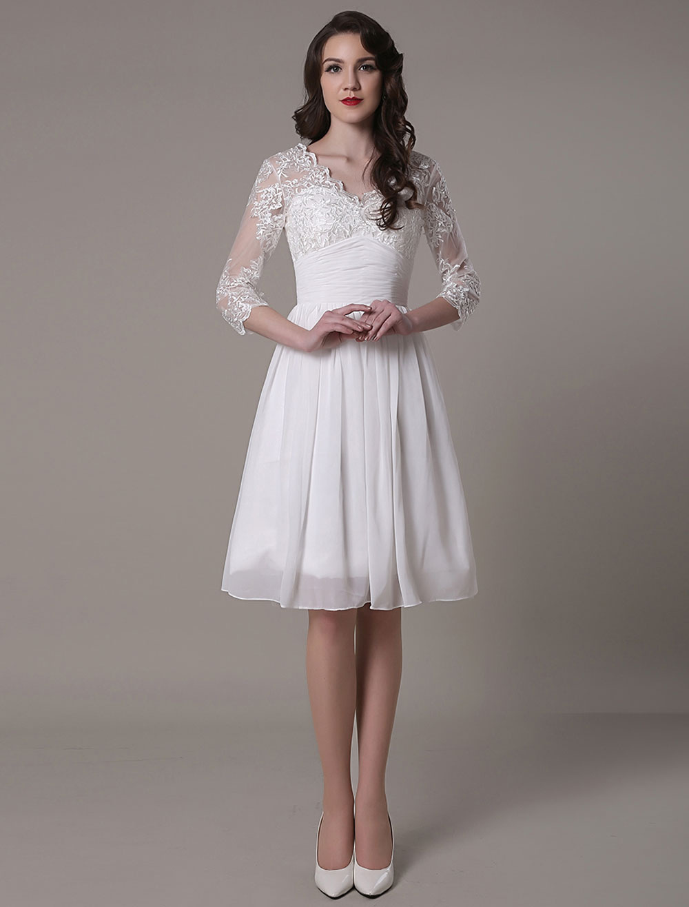 Simple Wedding Dressses Chiffon V Neck Lace A Linepleated Bridal Dress Exclusive-newarrivaldress
