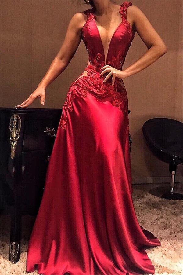 Sexy Burgundy Mermaid Evening Dresses | Appliques Deep V-Neck Prom Dresses-newarrivaldress