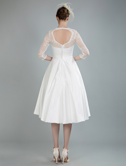 Short Wedding Dresses V Neck 3/4 Length Sleeves A Line Tea Length Traditional Bridal Dresses-newarrivaldress