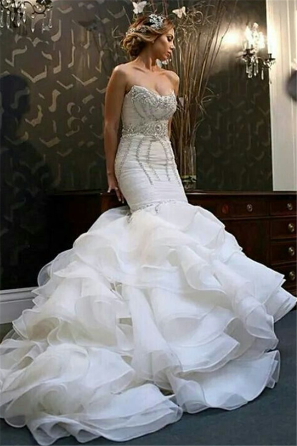 New Arrival Mermaid Sweetheart Wedding Dreses | Sexy Strapless Crystals Ruffles Bridal Gowns-newarrivaldress