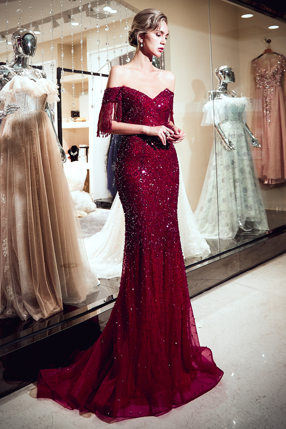 Off-the-shoulder V-neck Mermaid Floor Length Sequins Evening Dresses-newarrivaldress