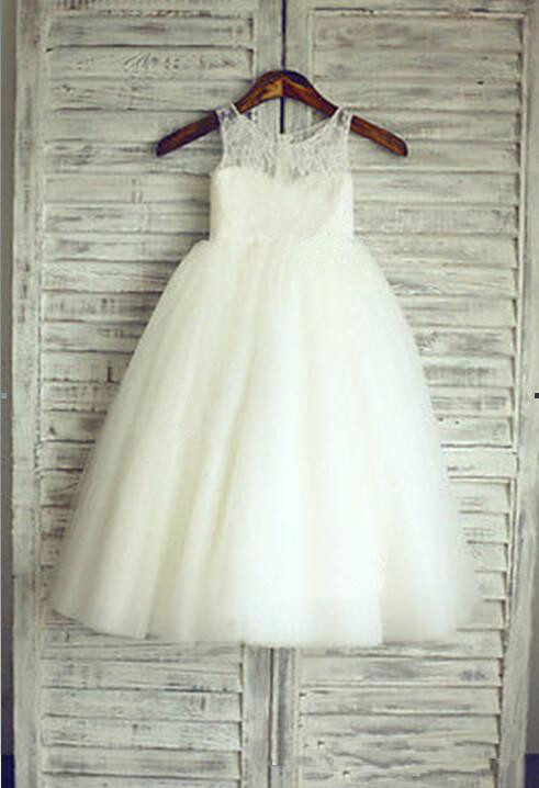 White A-Line Tulle Flower Girl Dresses Lace Sleeveless Party Gowns-newarrivaldress