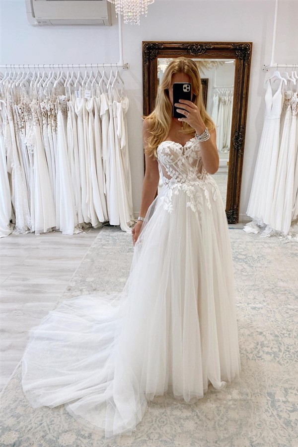 Sweetheart Strapless White Tulle Wedding Dress Lace Aline Bridal Dress-newarrivaldress