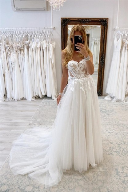 Sweetheart Strapless White Tulle Wedding Dress Lace Aline Bridal Dress-newarrivaldress