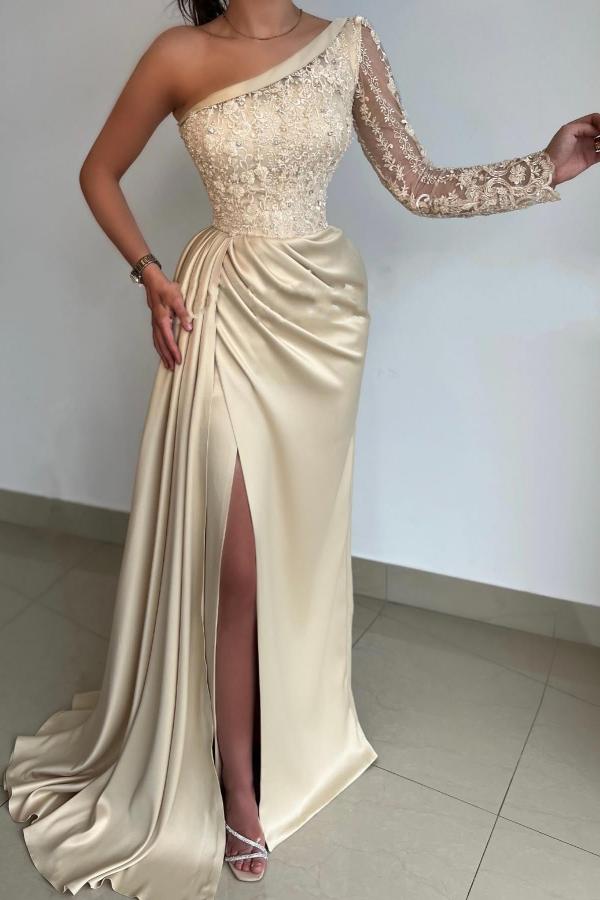 One Shoulder Satin Long Prom Dress Floral Lace Appliques Evening Gown with Side Sweep Train-newarrivaldress