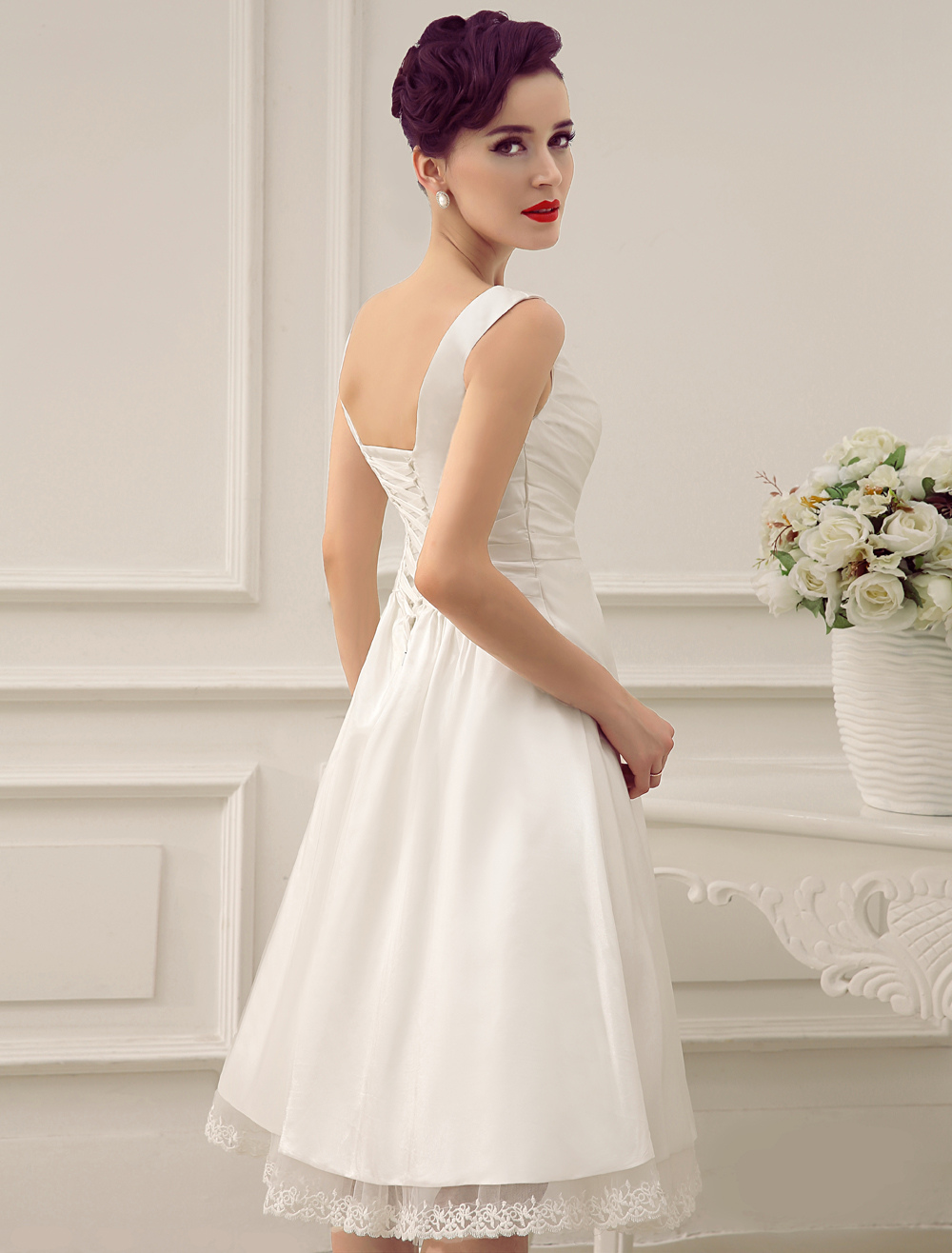 Simple Wedding Dresses Ivory Wedding Dress Knee-Length Backless Straps Lace Bridal Dress Exclusive-newarrivaldress