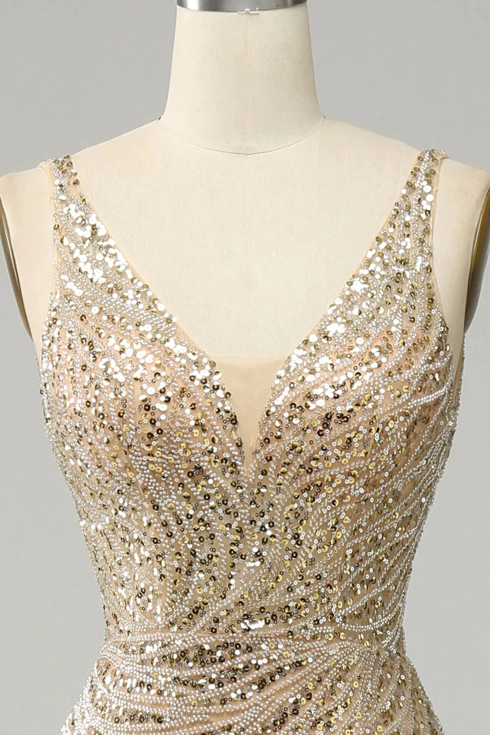 Sparkly Gold sequins Mermaid Prom Dress V-Neck Bodycon Long Party Dress-newarrivaldress