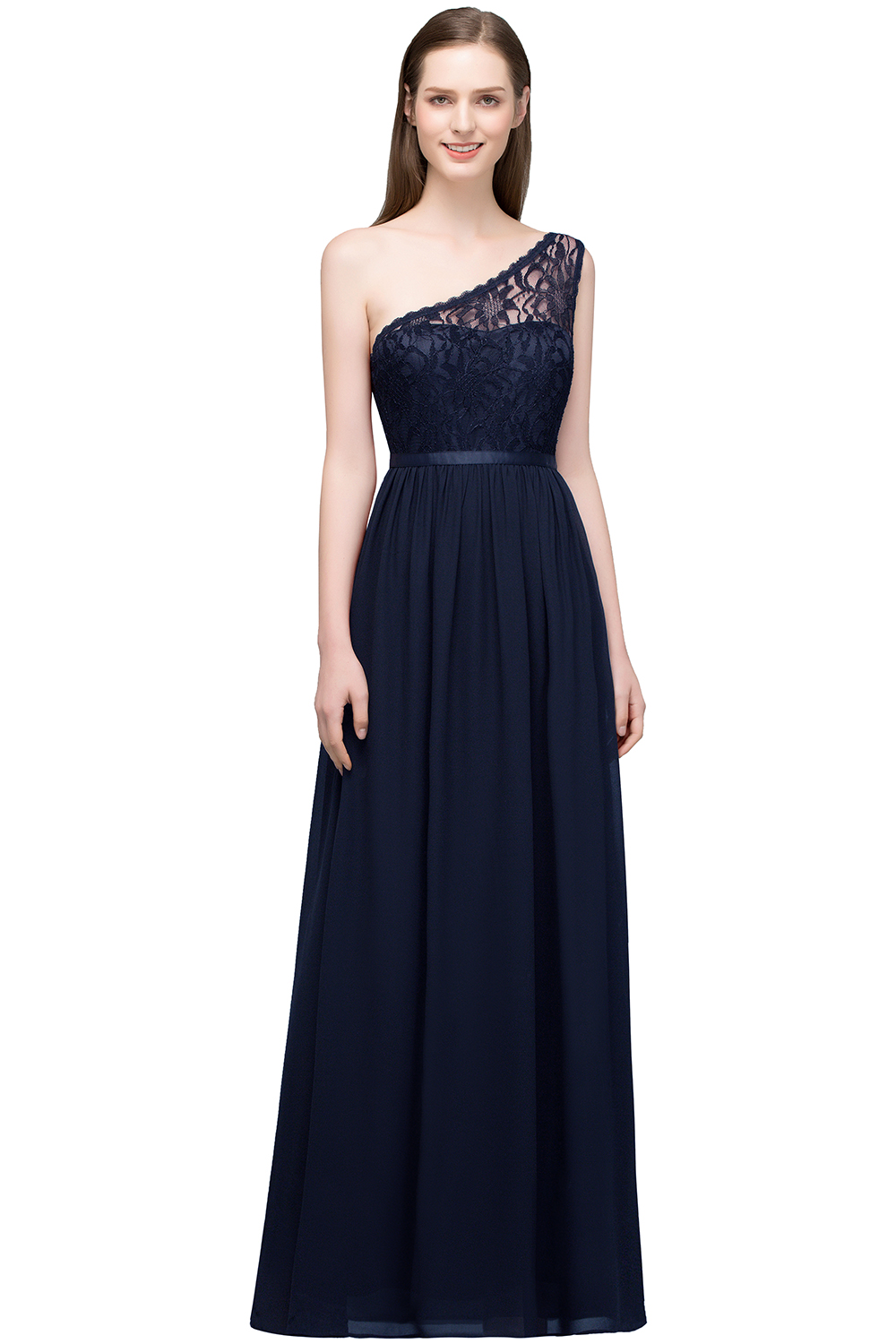 SYBIL | A-line One-shoulder Floor Length Lace Chiffon Bridesmaid Dresses with Sash-newarrivaldress