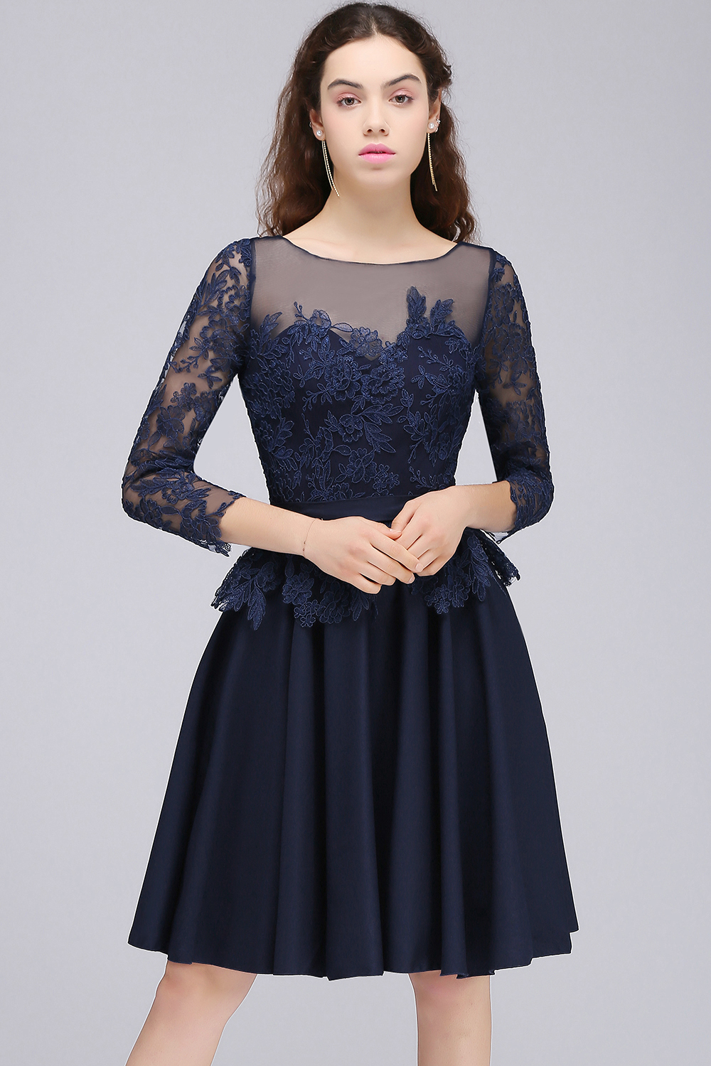 CARA | A-line Sheer Neck Short Dark Navy Homecoming Dresses with Lace Appliques-newarrivaldress