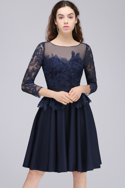 CARA | A-line Sheer Neck Short Dark Navy Homecoming Dresses with Lace Appliques-newarrivaldress